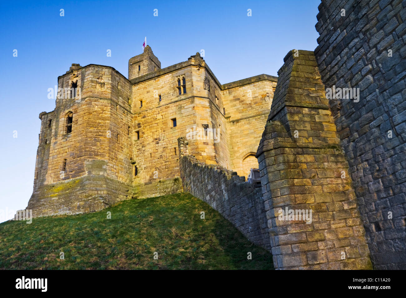 The Keep at Warkworth Castle from outside the exterior wall, Warkworth