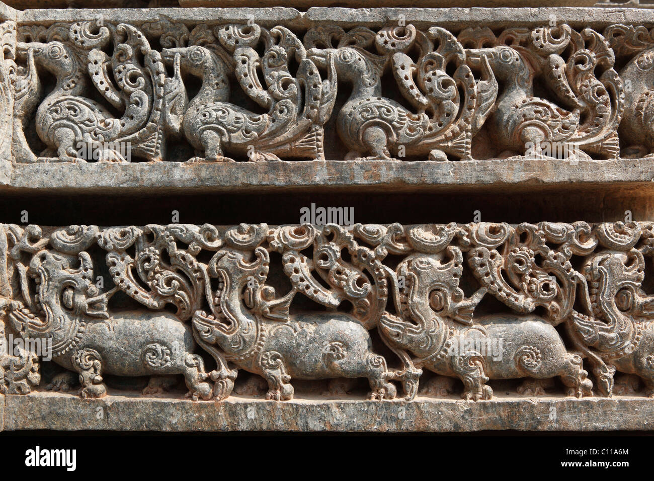Rows of figurines on the wall of Kesava Temple, Keshava Temple, Hoysala style, Somnathpur, Somanathapura, Karnataka, South India Stock Photo