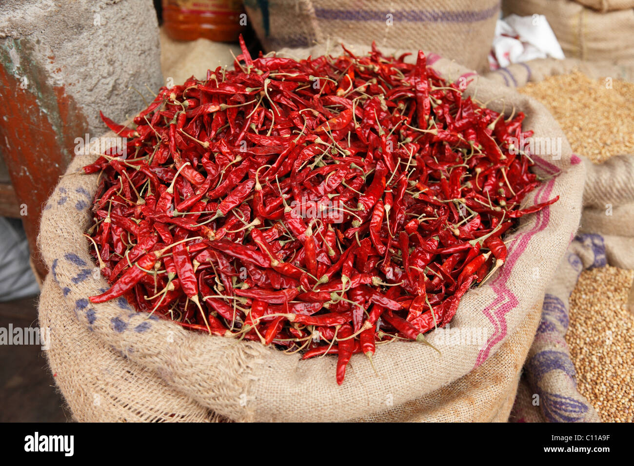 Bag filled with chili peppers, Devaraja Market, Mysore, Karnataka, South India, India, South Asia, Asia Stock Photo