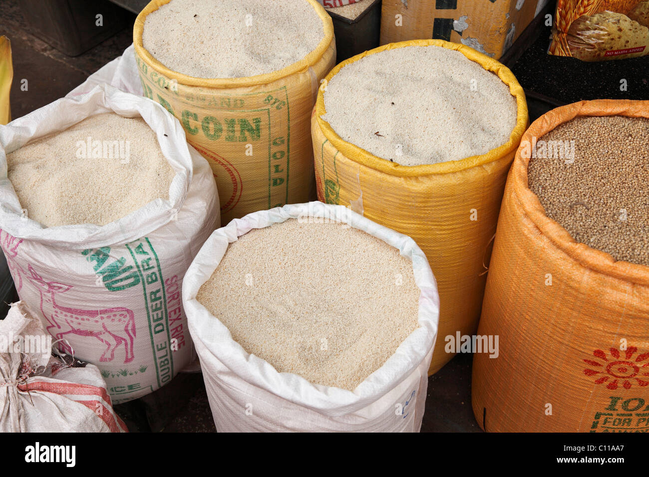 Rice sacks, Devaraja Market, Mysore, Karnataka, South India, India, South Asia, Asia Stock Photo