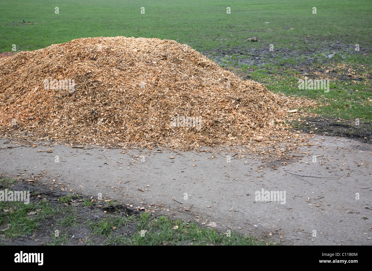 Laying wood chip on saturated ground Stock Photo Alamy