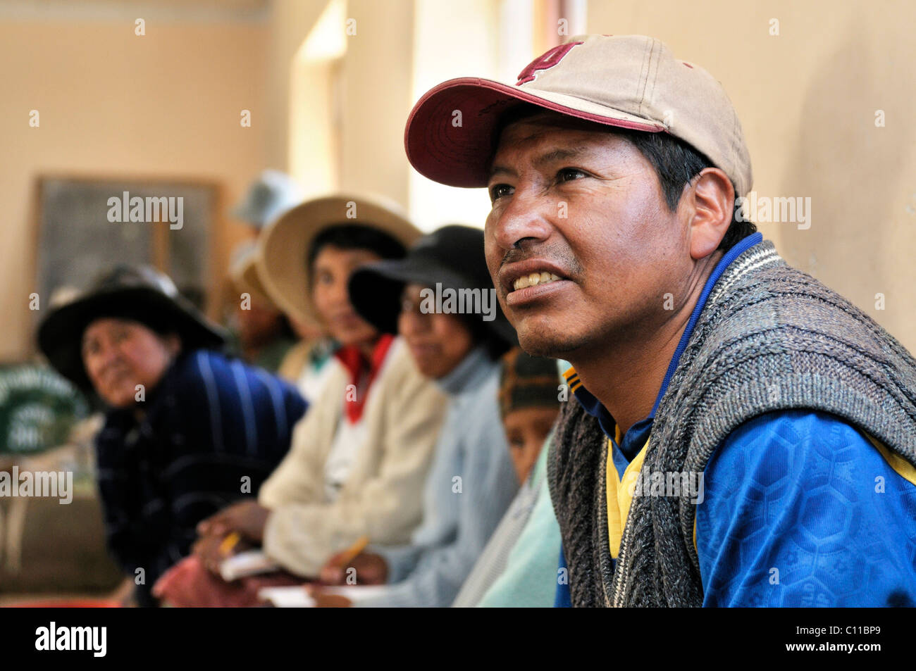 Villager participating in a course, Bolivian Altiplano highlands, Departamento Oruro, Bolivia, South America Stock Photo