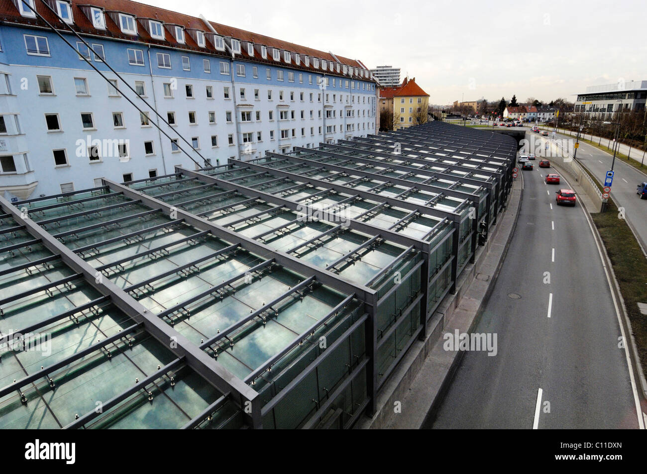 Noise protection of a glass-pitched roof, Petuelring, Munich, Bavaria, Germany, Europe Stock Photo