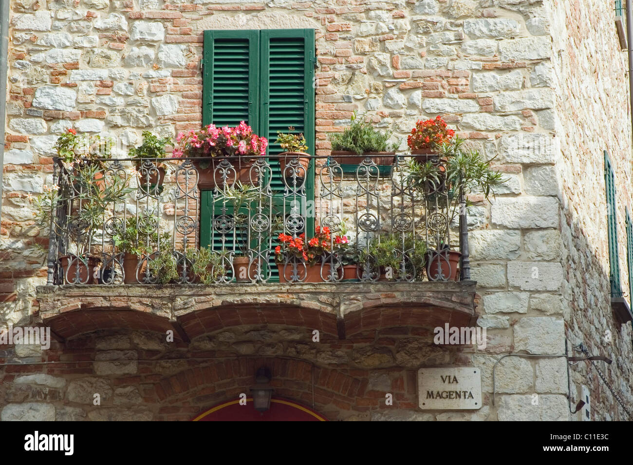 Balcony in the mountain village Suvereto, Tuscany, Italy, Europe Stock Photo