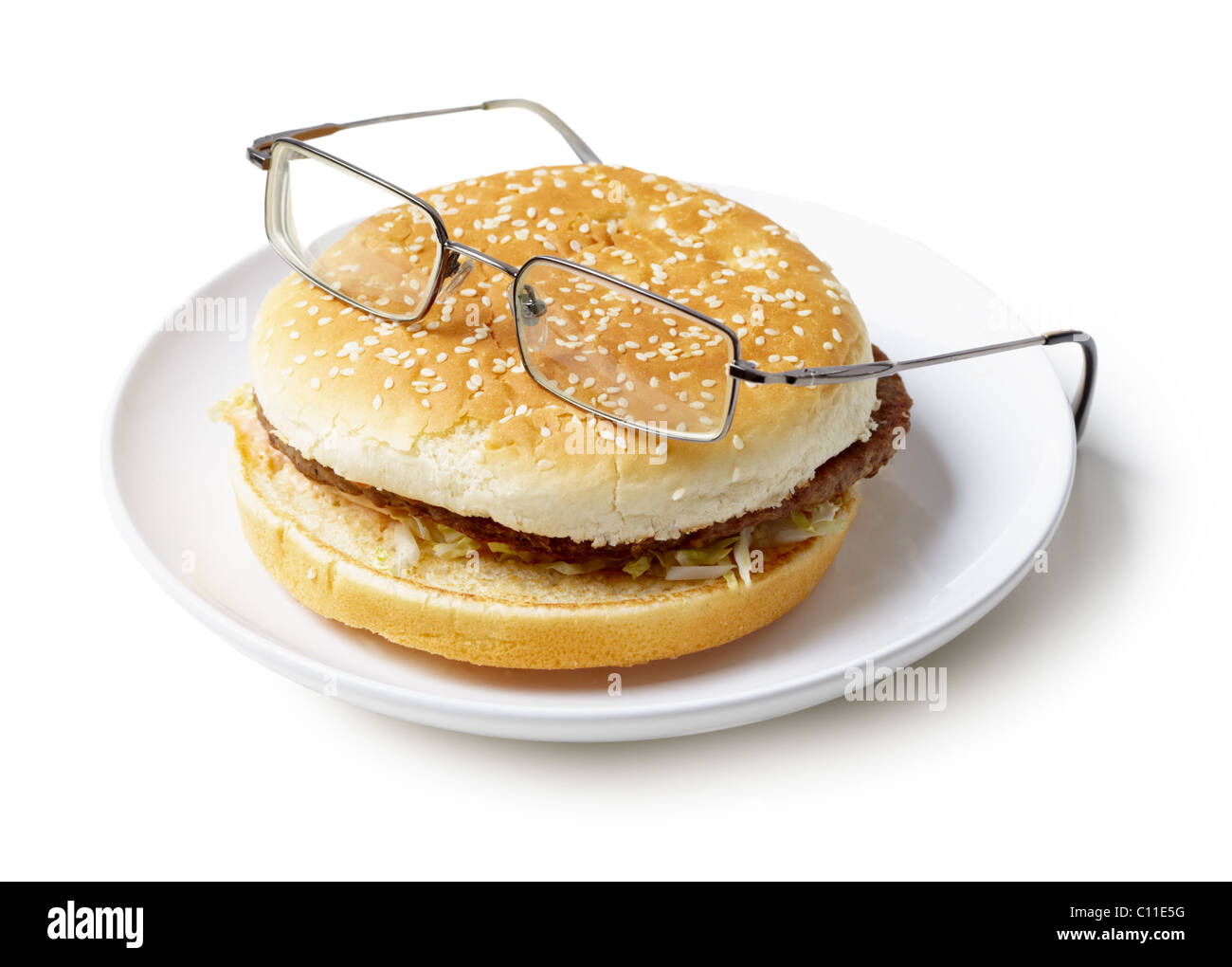 Amusing sandwich in spectacles isolated on a white background Stock Photo