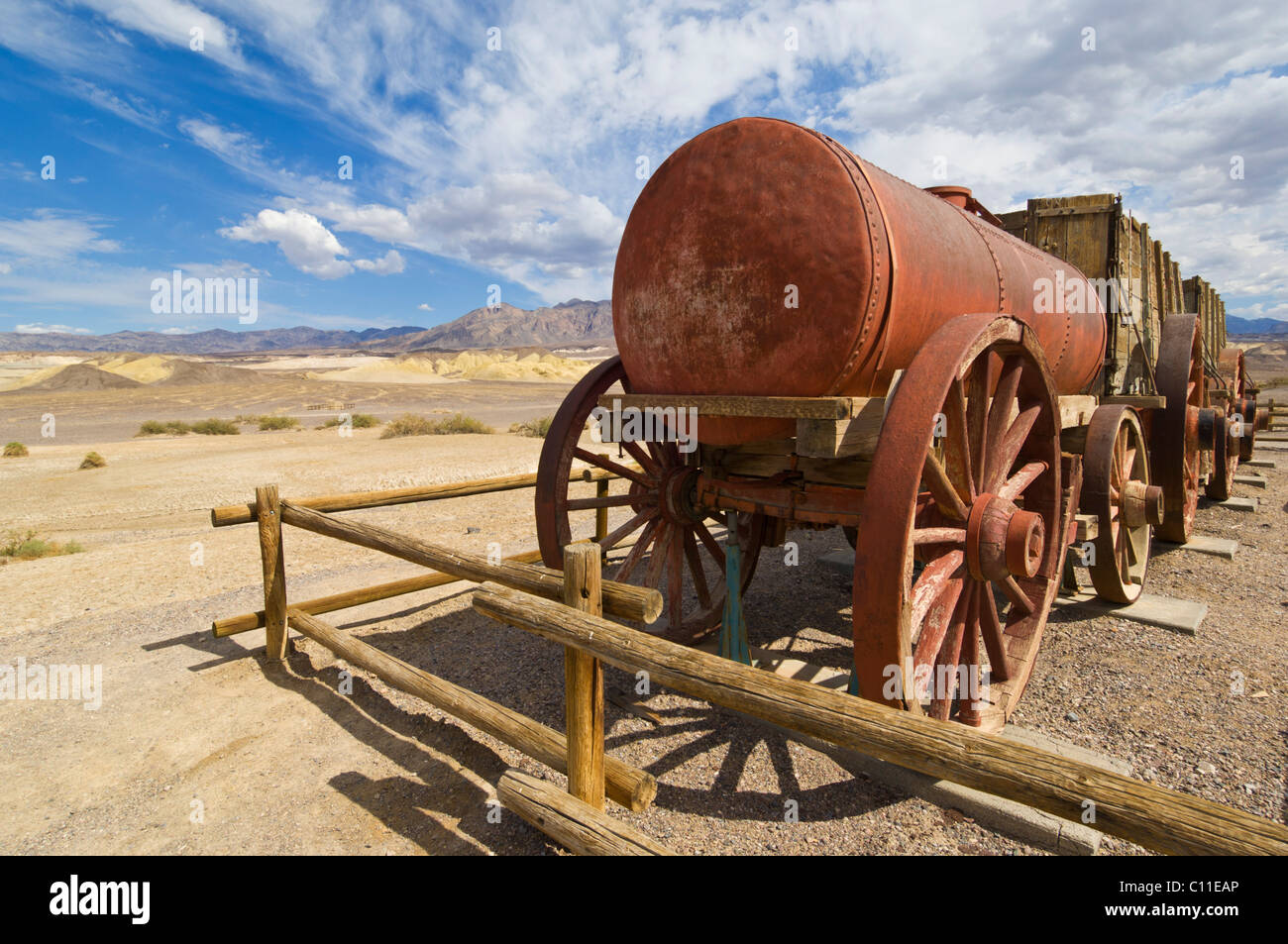 Twenty-mule-team wagon at the Harmony Borax Works, Furnace Creek, Death Valley National Park, California, USA Stock Photo