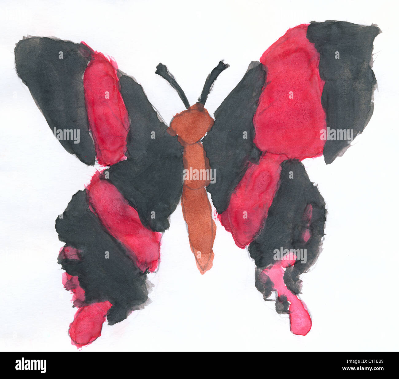Big butterfly with black wings drawn by child on paper Stock Photo