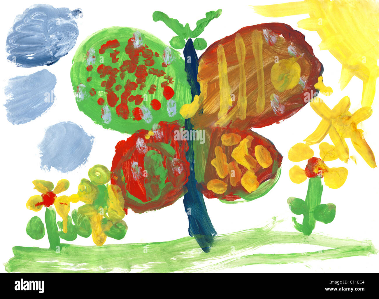 Children drawing - big butterfly and flowers Stock Photo