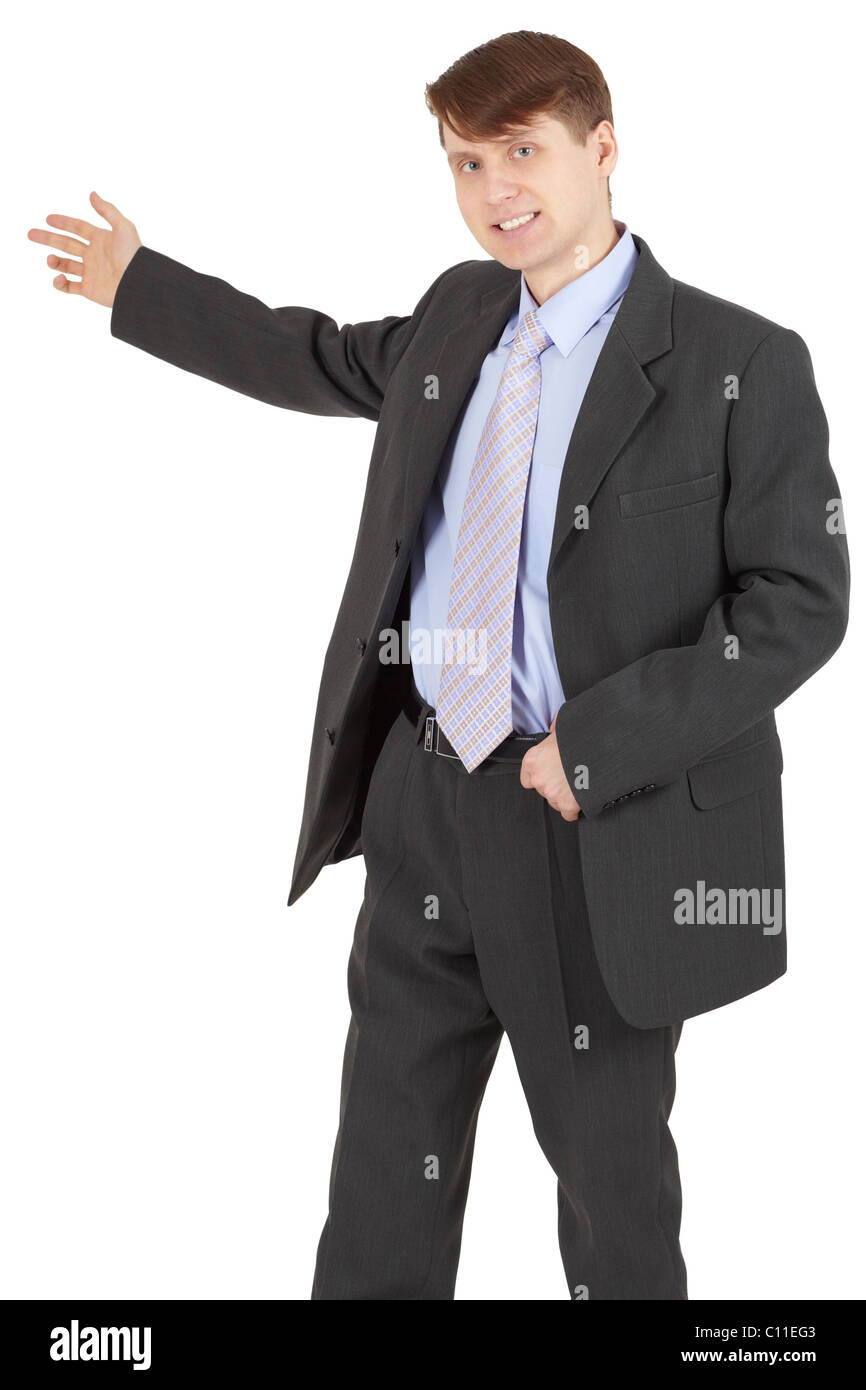 Young businessman in dark jacket on white background Stock Photo