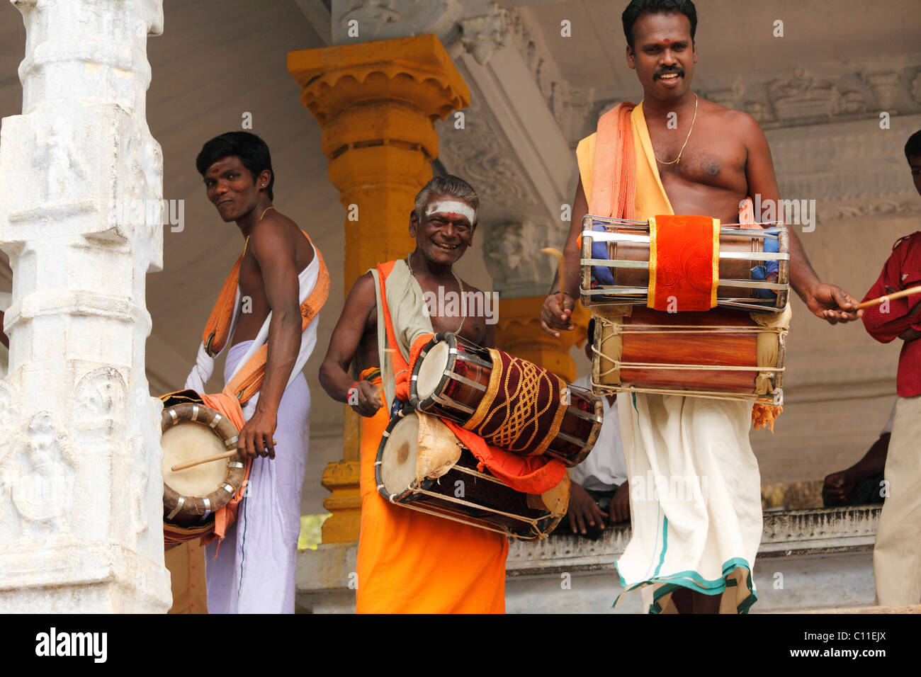 Drummers in a temple, Thaipusam festival in Tenkasi, Tamil Nadu, Tamilnadu, South India, India, Asia Stock Photo