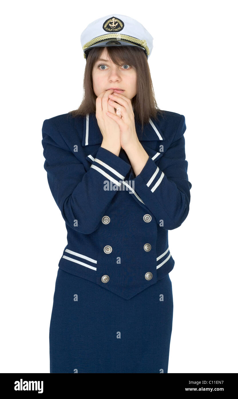 Scared woman in uniform of sea captain isolated on a white Stock Photo