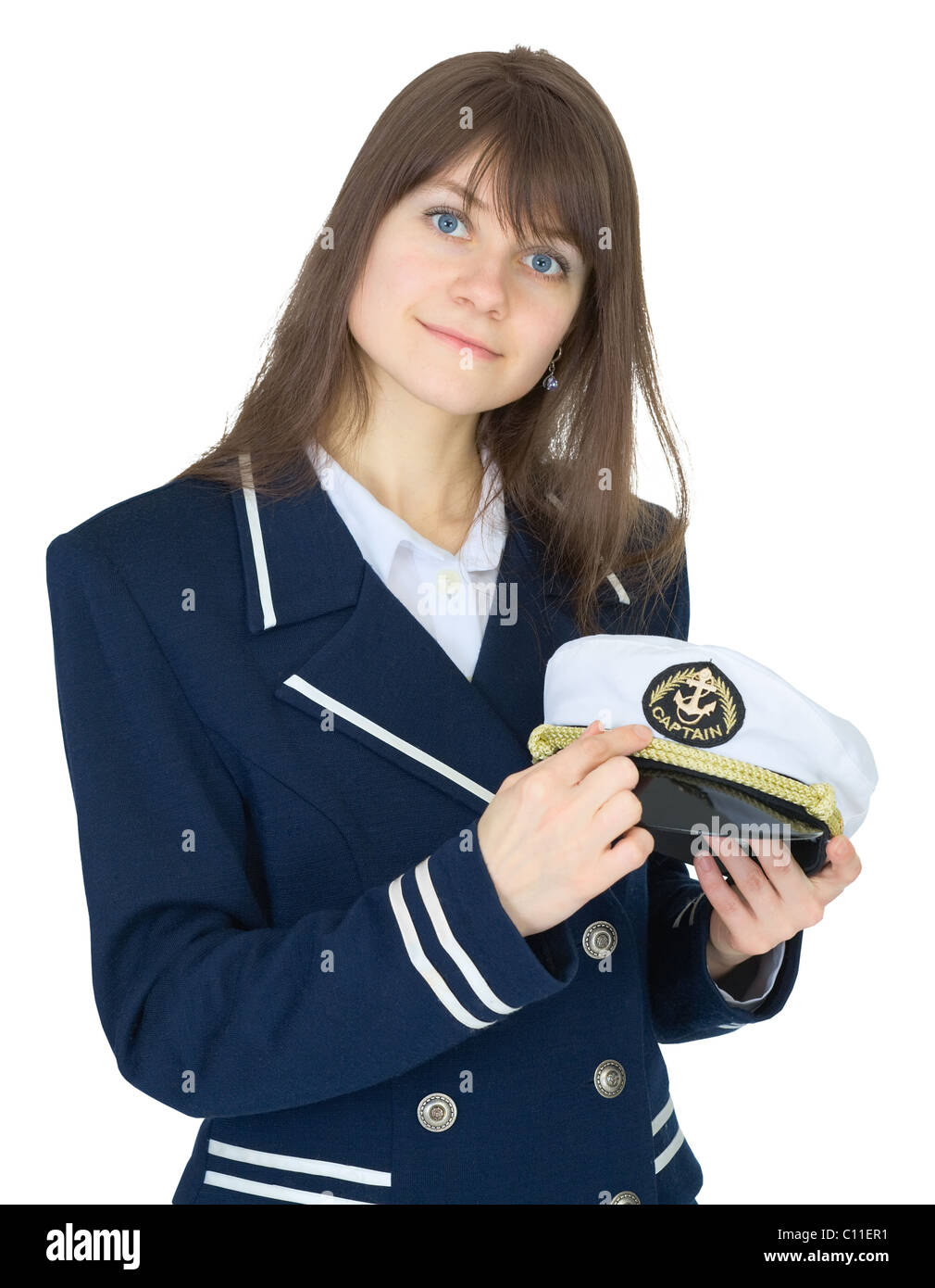 Portrait of woman in uniform of sea captain on white background Stock Photo