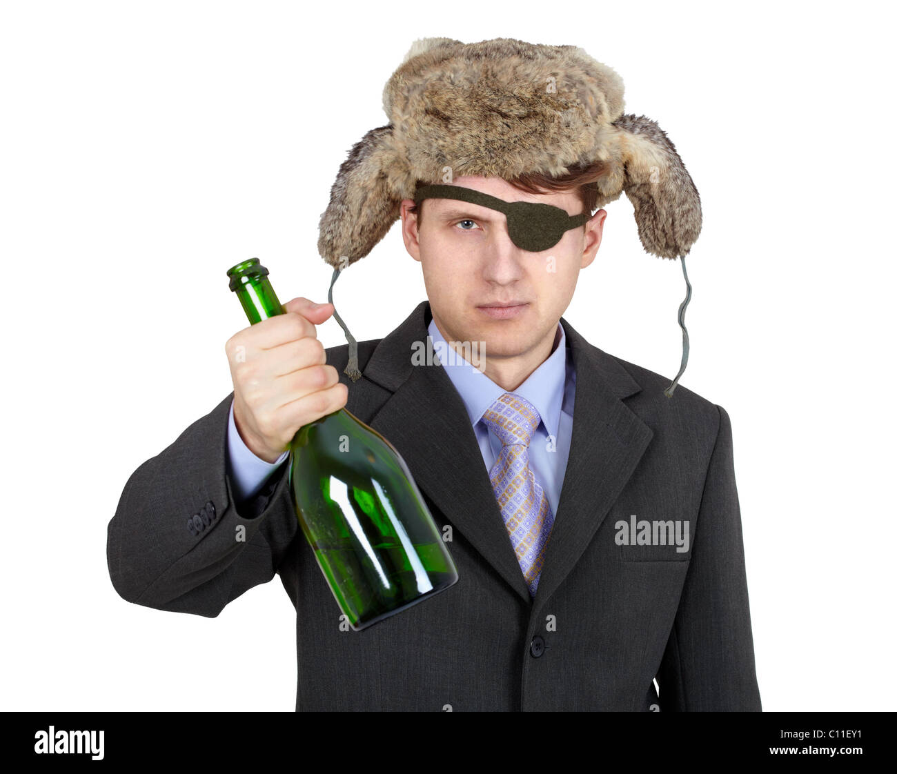 Russian business man in hat earflaps, offers to drink alcohol Stock Photo