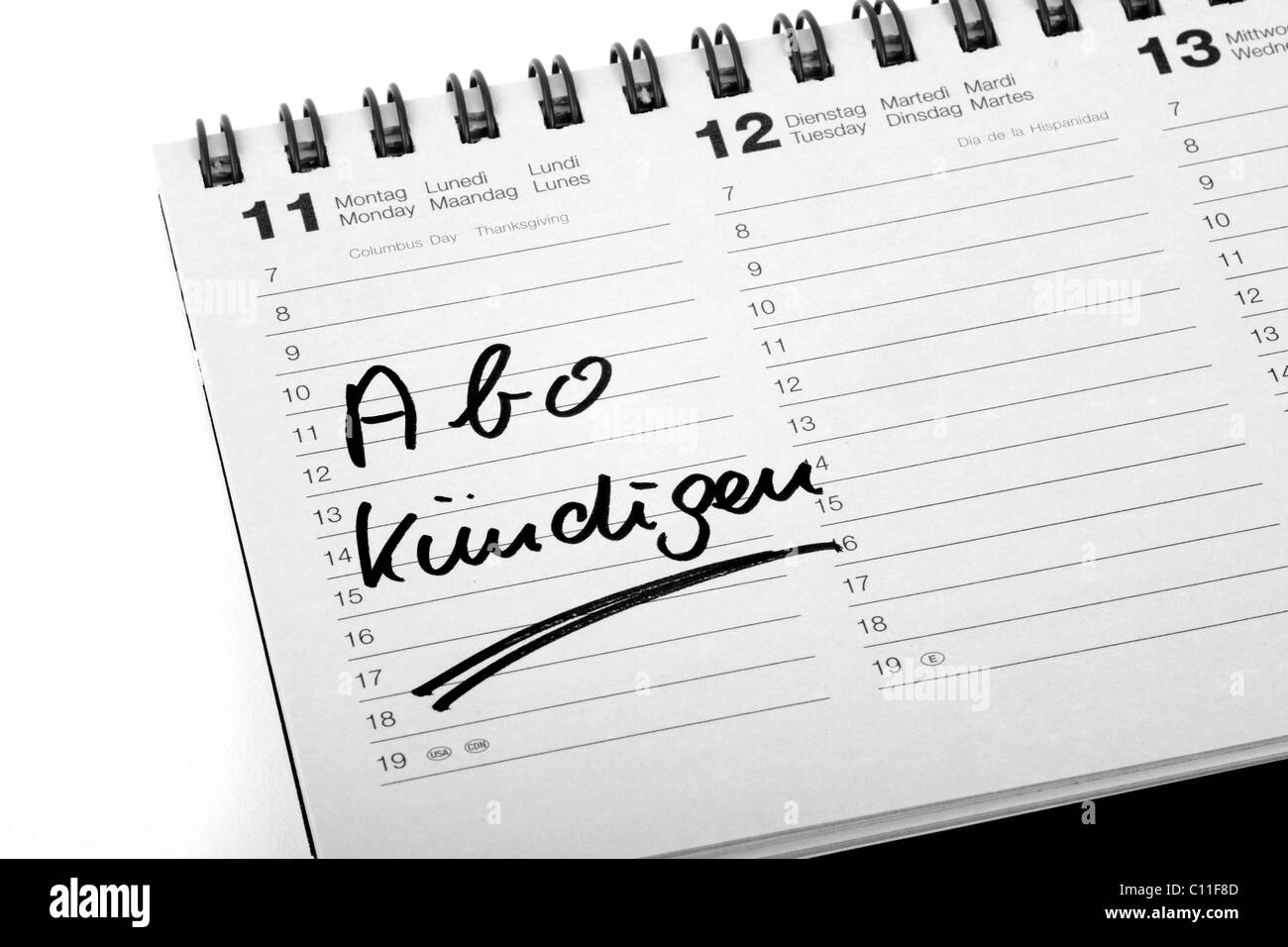 Entry 'Abo kuendigen', cancel the subscription, in a diary Stock Photo