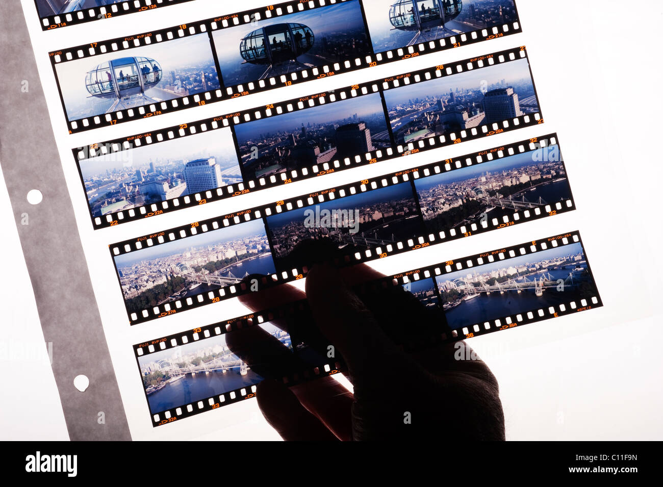 Picture editor examining a selection of panoramic format transparencies held up in a transparent file against a light box Stock Photo