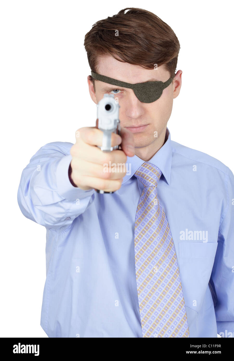 Terrible man aiming gun on white background Stock Photo
