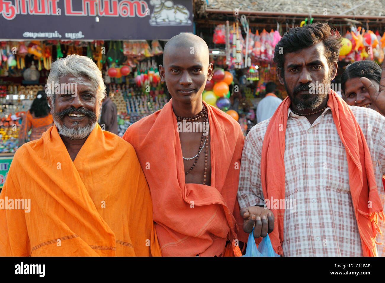 Men of three generations, Thaipusam Festival, Hindu festival, Palani, Tamil Nadu, Tamilnadu, South India, India, Asia Stock Photo