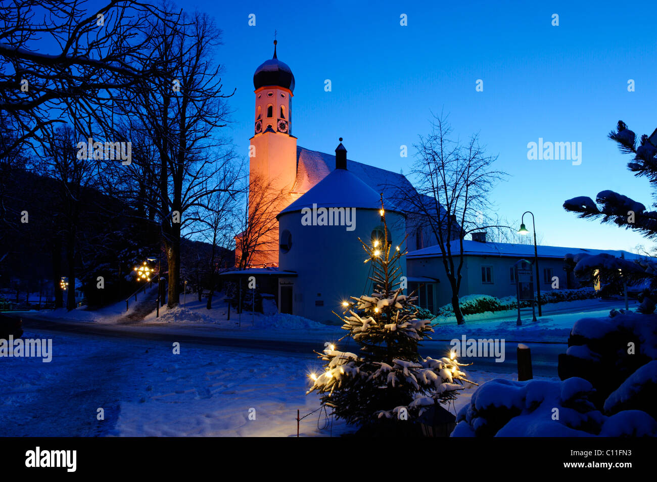 Parish church Saint Kilian with Christmas tree, Bad Heilbrunn, Upper Bavaria, Germany, Europe