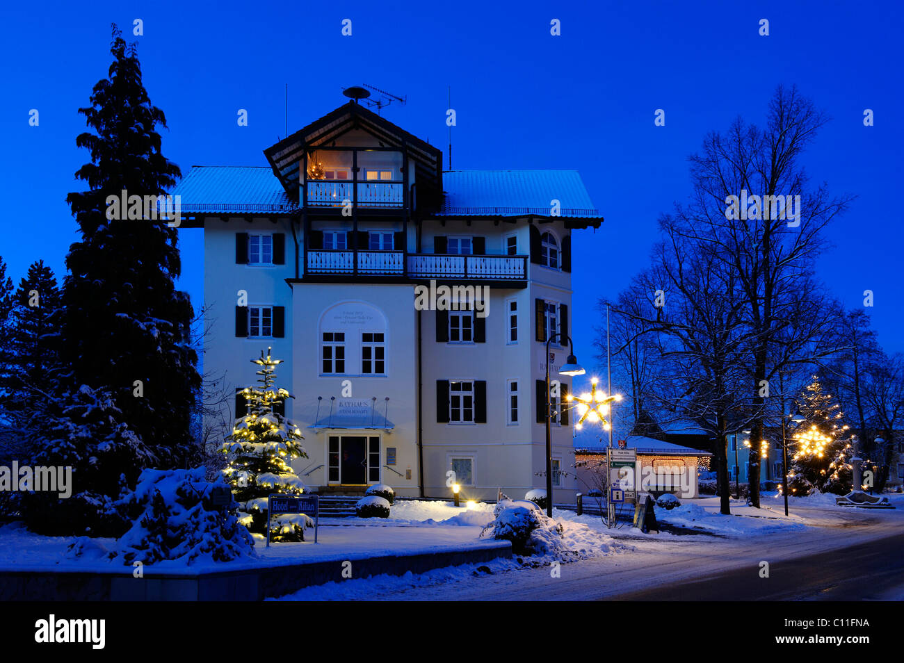 Town hall with Christmas tree, Bad Heilbrunn, Upper Bavaria, Germany