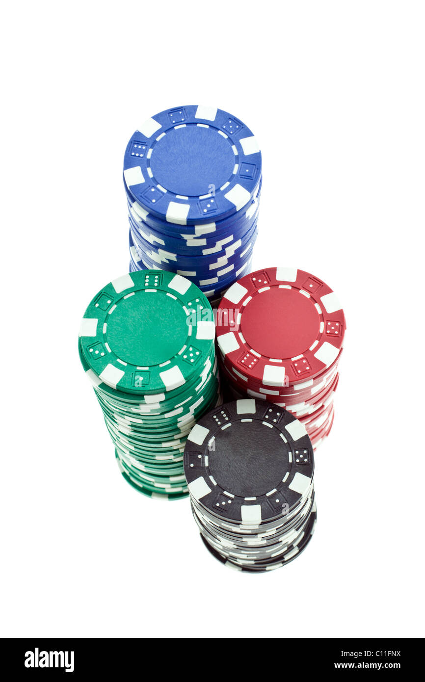 multicolor poker chips heaps isolated on white background. closeup
