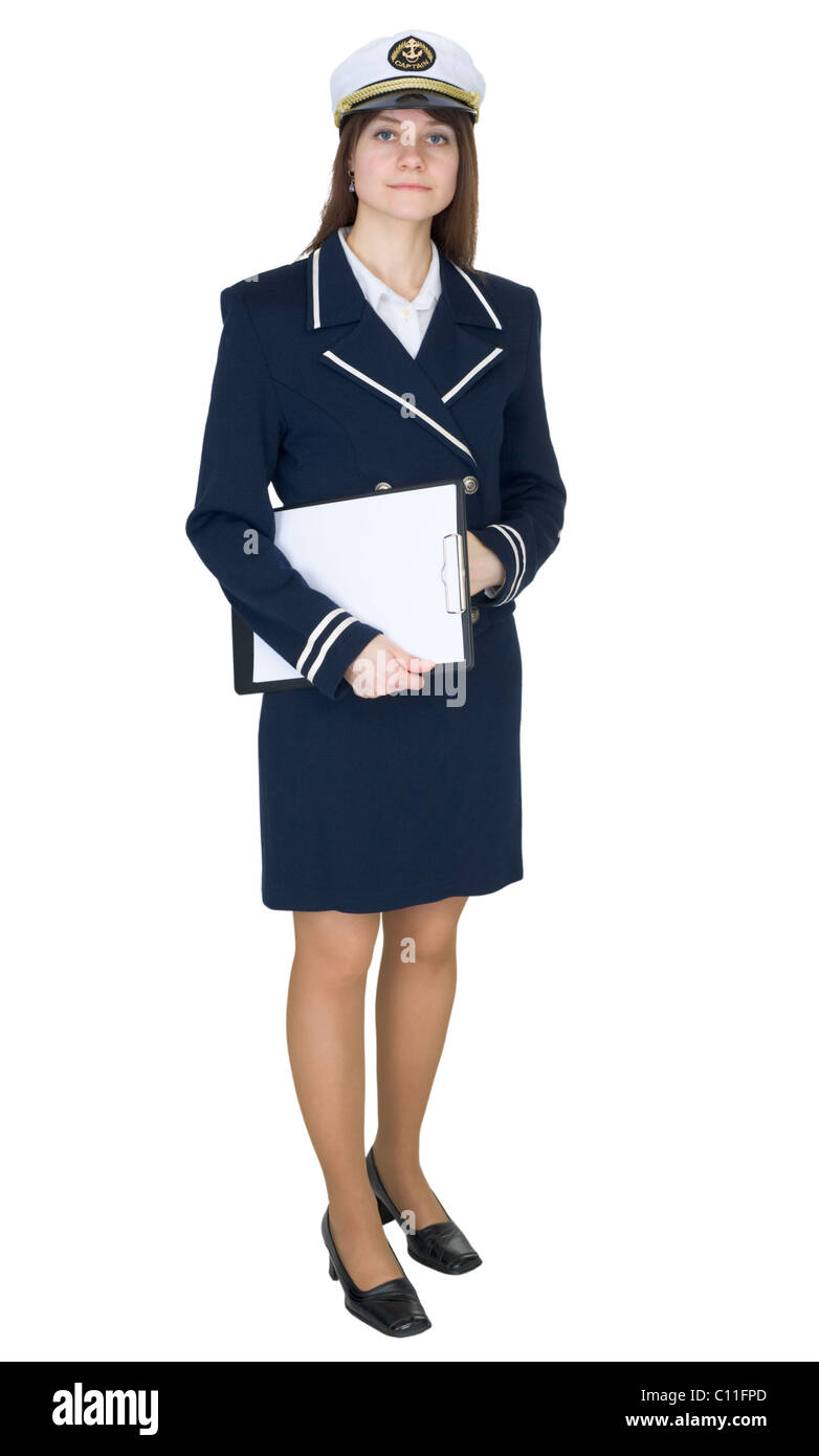 Serious woman in uniform sea captain with tablet Stock Photo