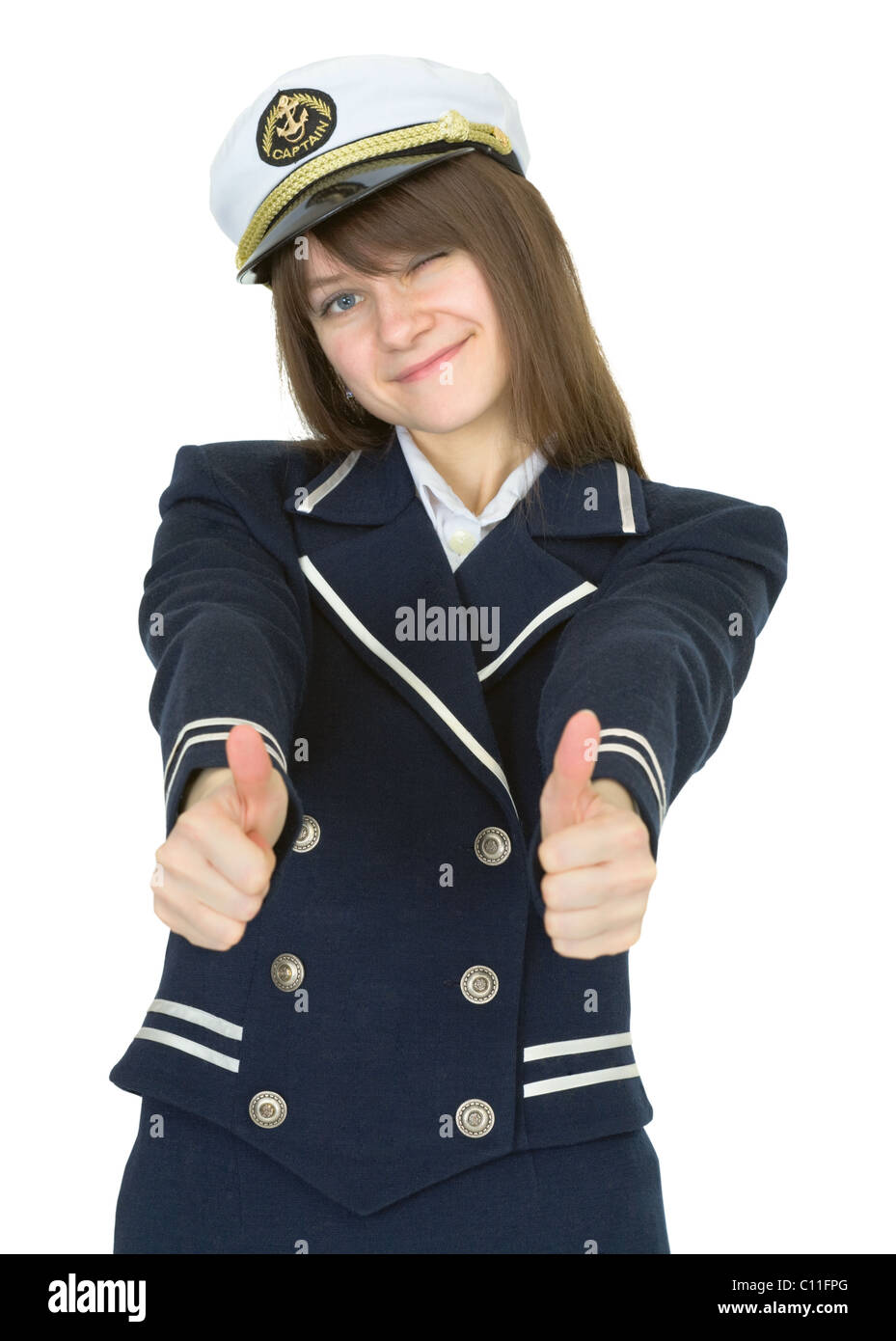 Woman in uniform sea captain, isolated on white background Stock Photo