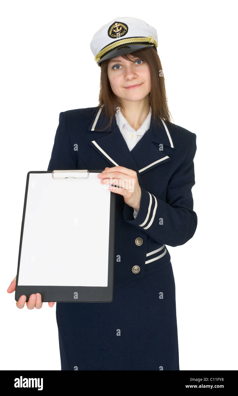 Beautiful woman - sailor on white background, with tablet in hands Stock Photo
