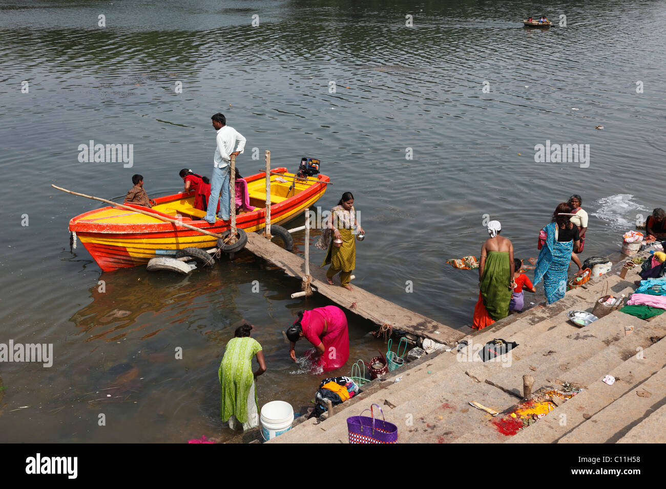 Motorboat at ferry landing, Kapila, Kabini, Kabbani River, Nanjangud, Karnataka, South India, India, South Asia, Asia Stock Photo