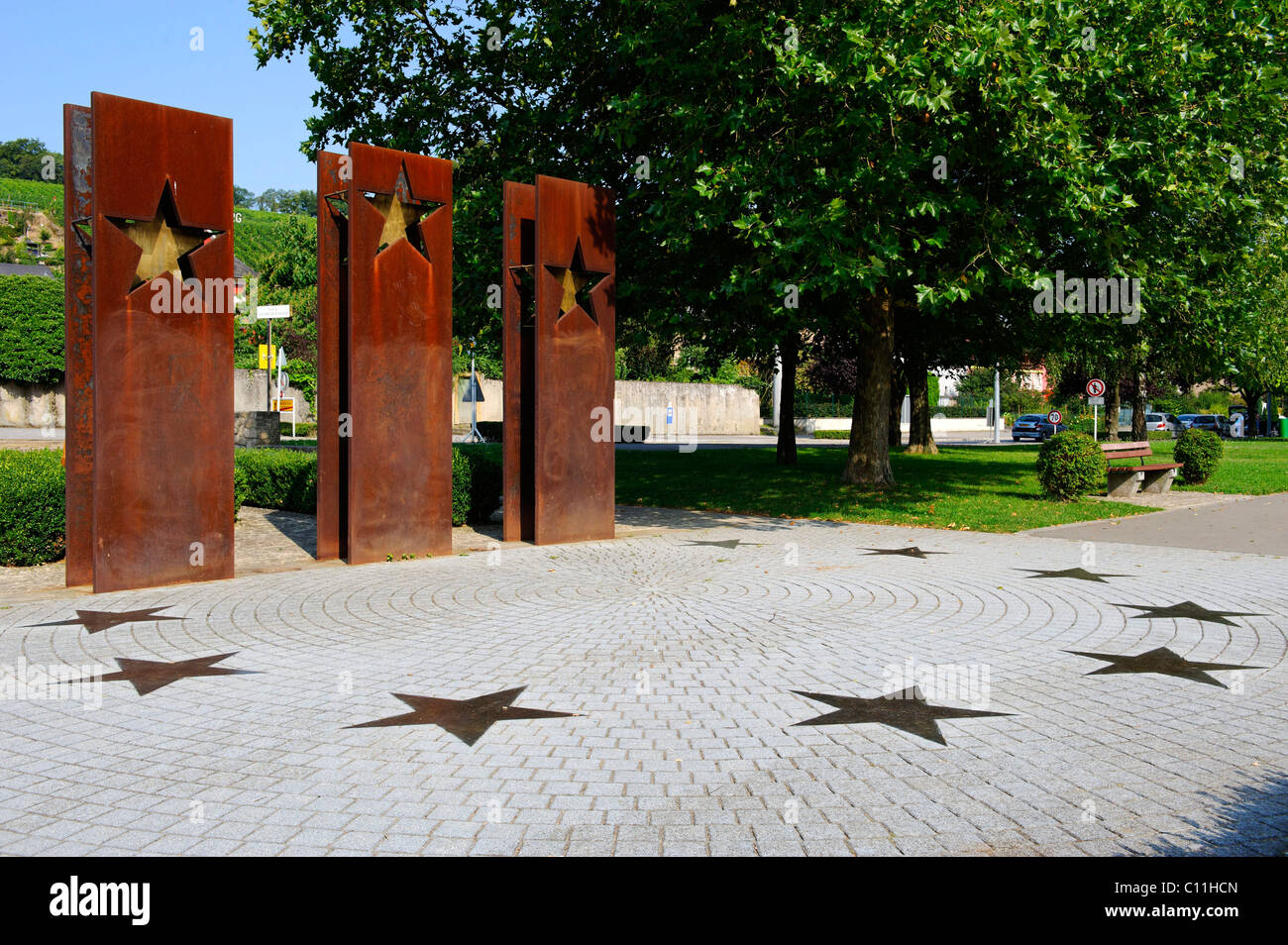 Memorial, nearby the Schengen Agreement was signed on the ship Princess Marie-Astrid in 1985, Schengen, Luxembourg, Europe Stock Photo