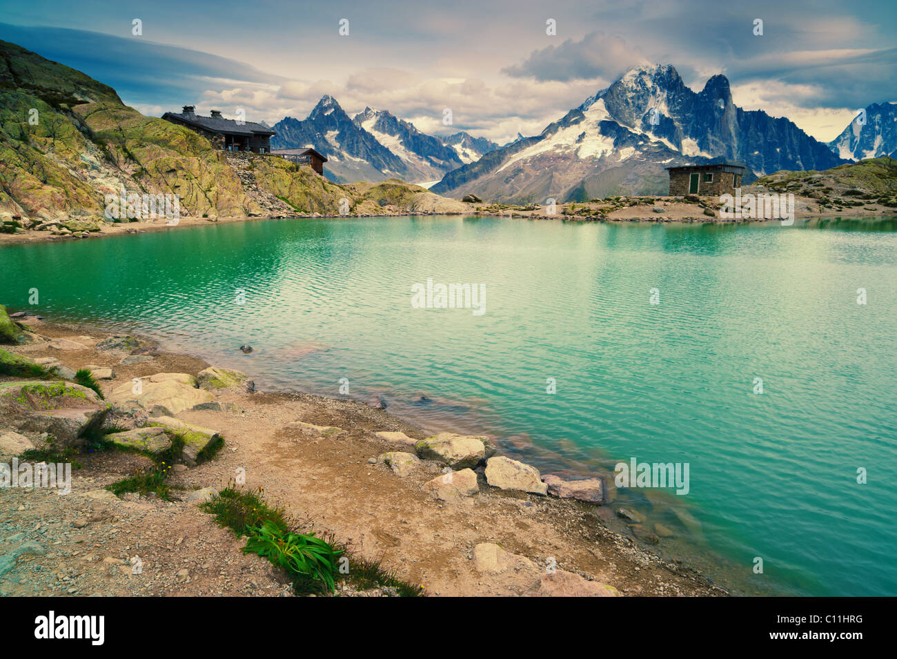 Mountain lake. Lac Blanc, Chamonix, France. Popular touristic destination in French Alps. Stock Photo