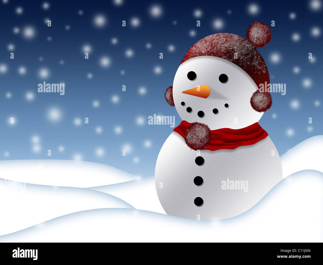 Smiling snowman with scarf and cap standing in a wintry background as ...