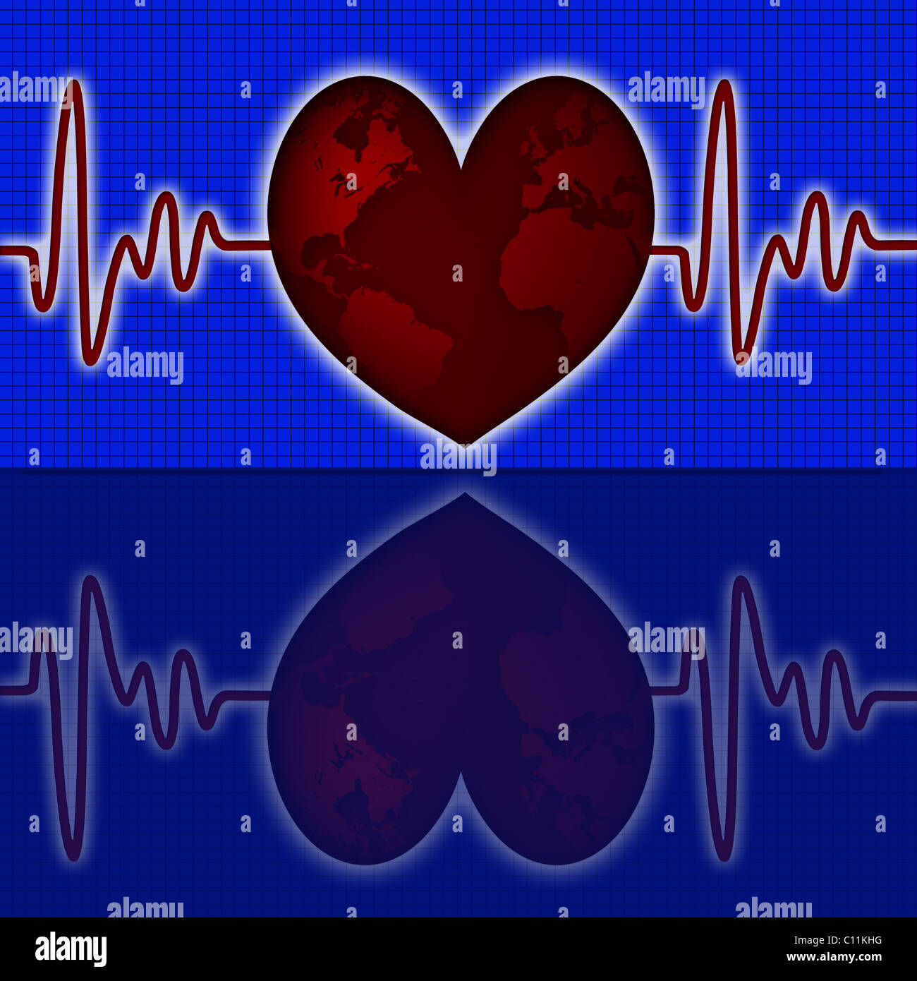 Earth Global Map with Red Heart Beat Electrocardiograph Blue Background Stock Photo