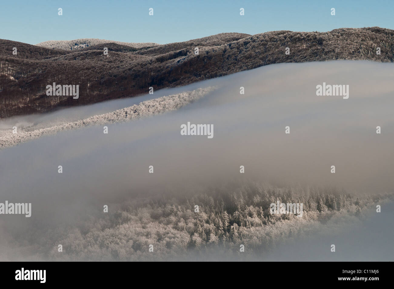 Fog over Velebit (a mountain in Croatia, Europe). A photo was taken during winter time. Stock Photo