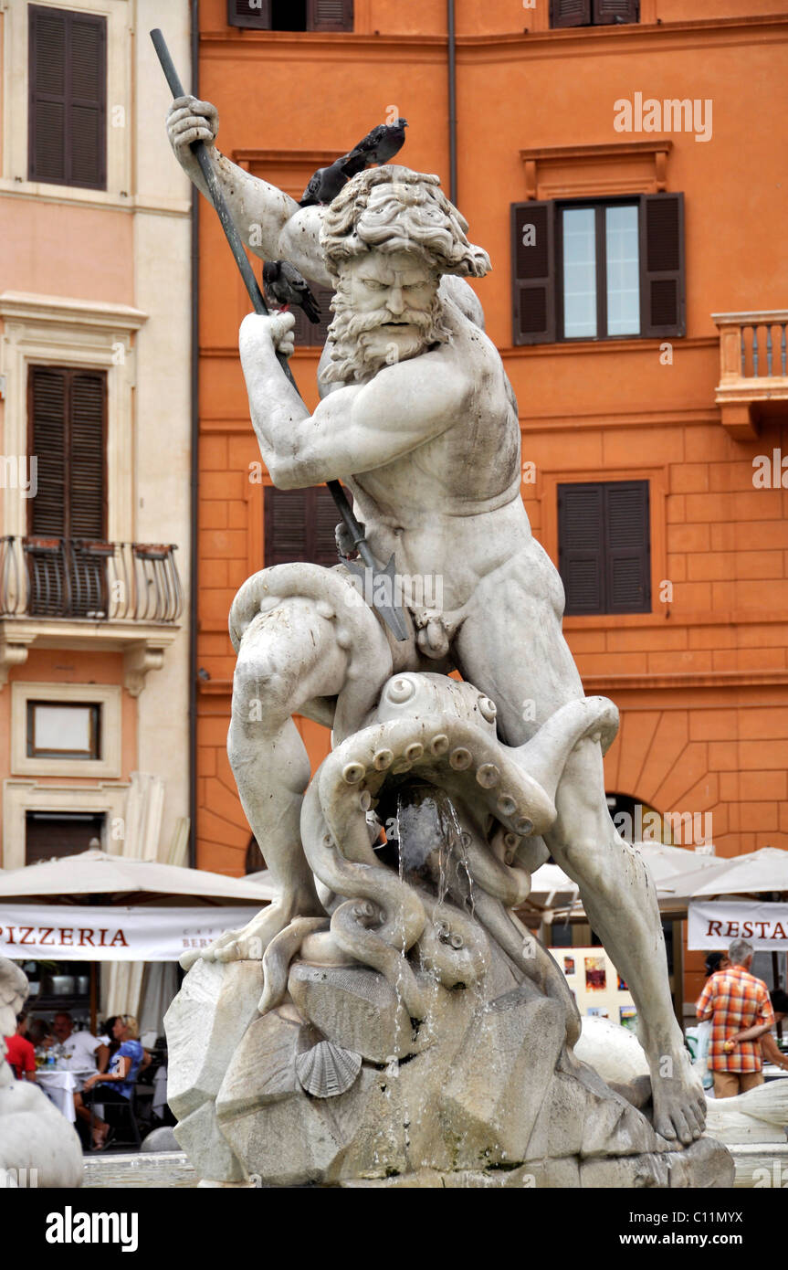 Sea god Neptune with octopus, Fontana del Nettuno Fountain of Neptune, Piazza Navona square, Rome, Lazio, Italy, Europe Stock Photo