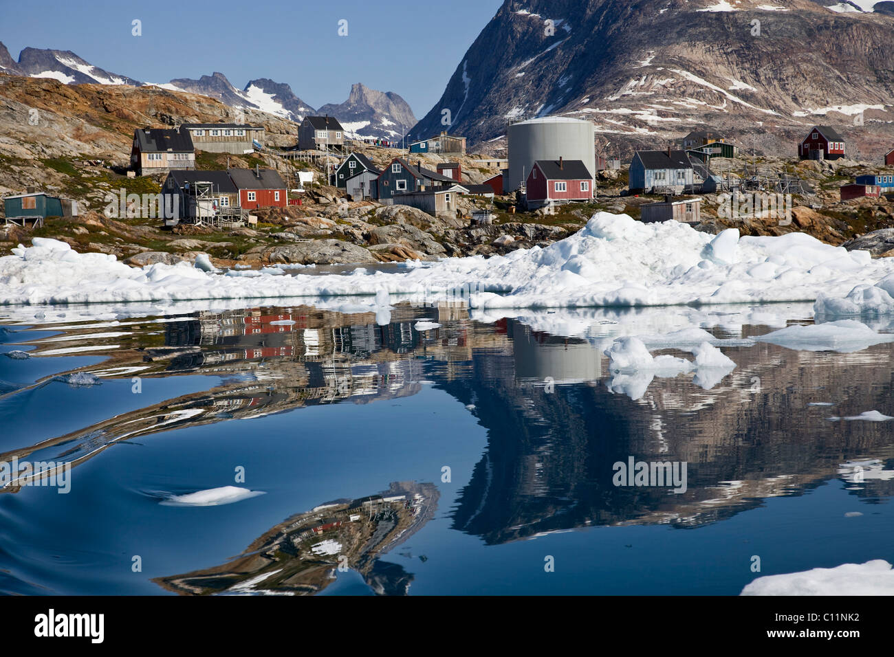 Tiniteqilaq, a hunters settlement in Sermilik Fjord, Ammassalik District, East Greenland, Greenland, Denmark, Europe Stock Photo