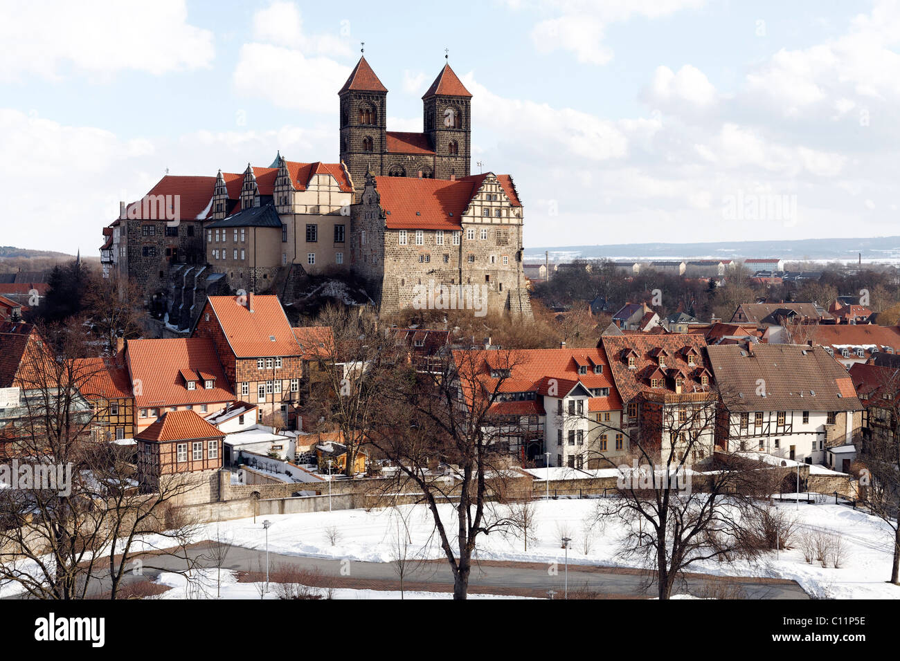 St. Servatii abbey church and castle hill, winter, Quedlinburg, Harz, Saxony-Anhalt, Germany, Europe Stock Photo