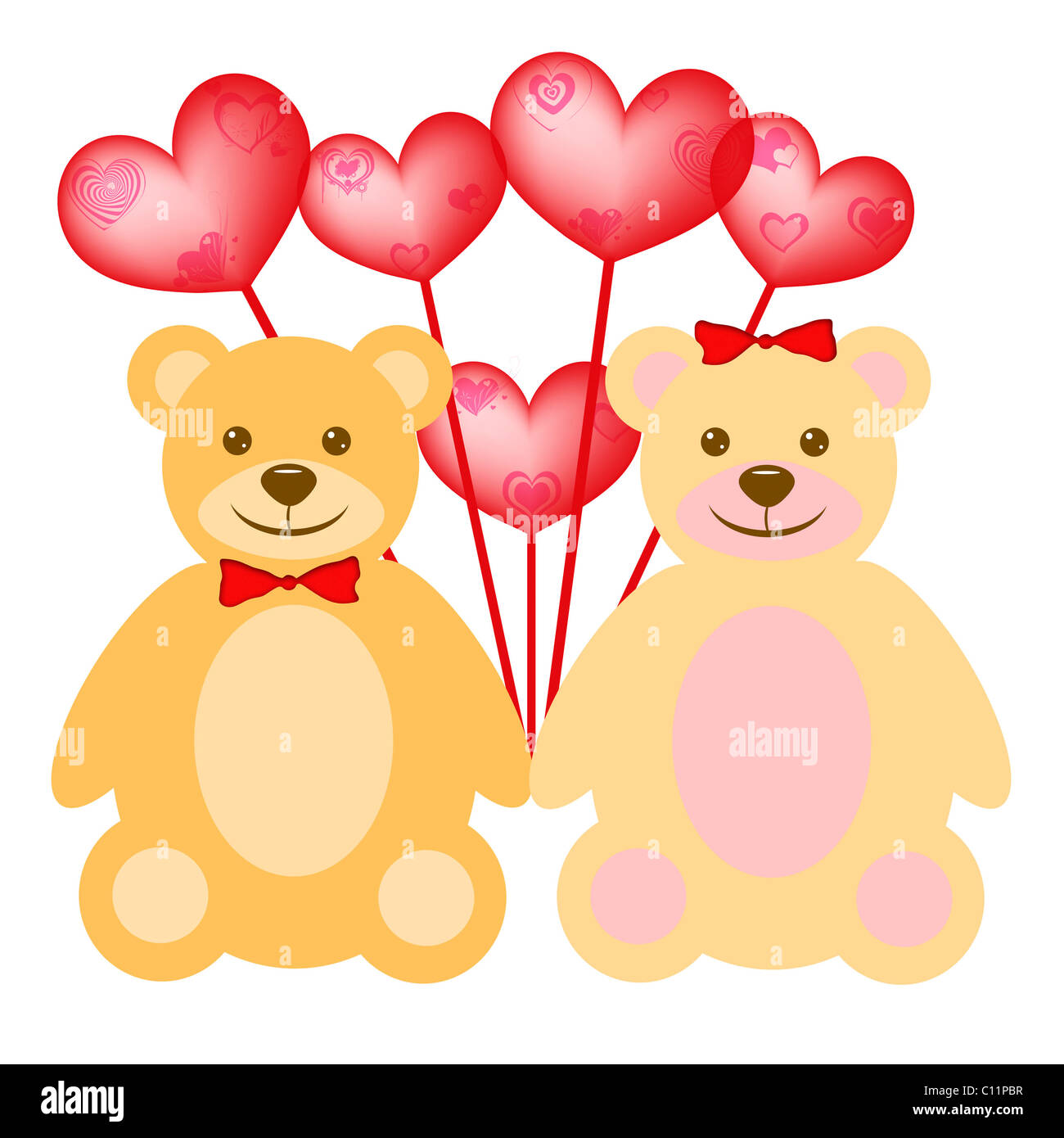Valentine's Day Teddy Bear Couple with Red Heart Shaped Balloons Stock ...
