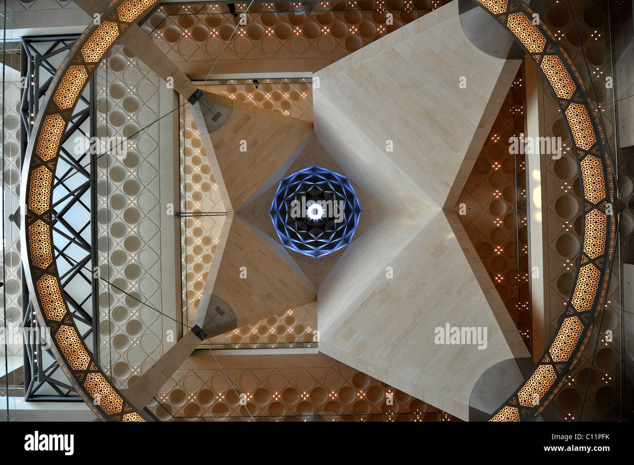 Interior shot, ceiling construction of the atrium, Museum of Islamic Art, designed by I.M. PEI, Corniche, Doha, Qatar Stock Photo