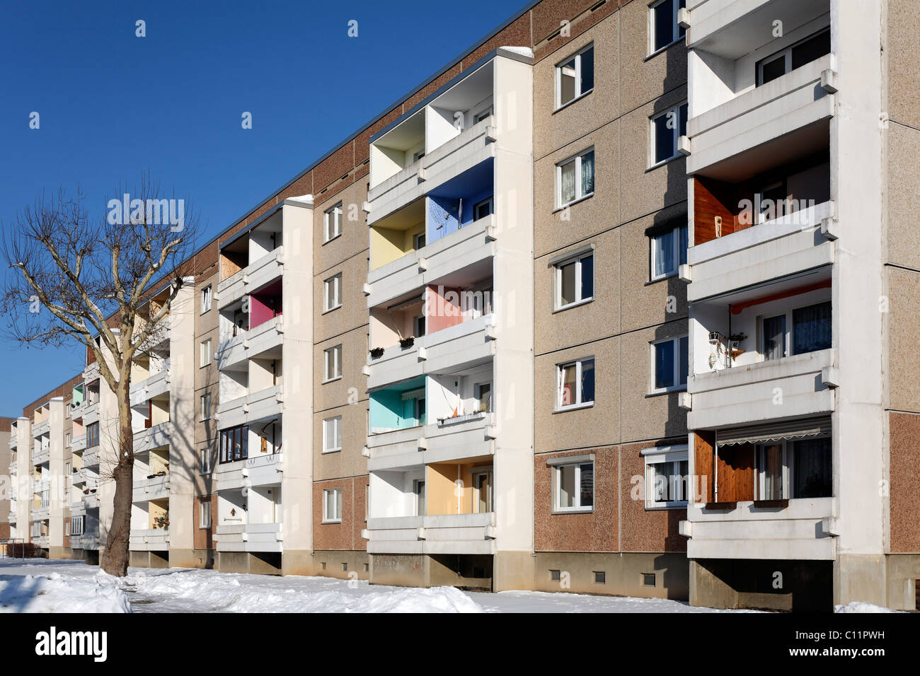 Pre-fabricated concrete building with brightly painted balconies, Thale, Harz, Saxony-Anhalt, Germany, Europe Stock Photo