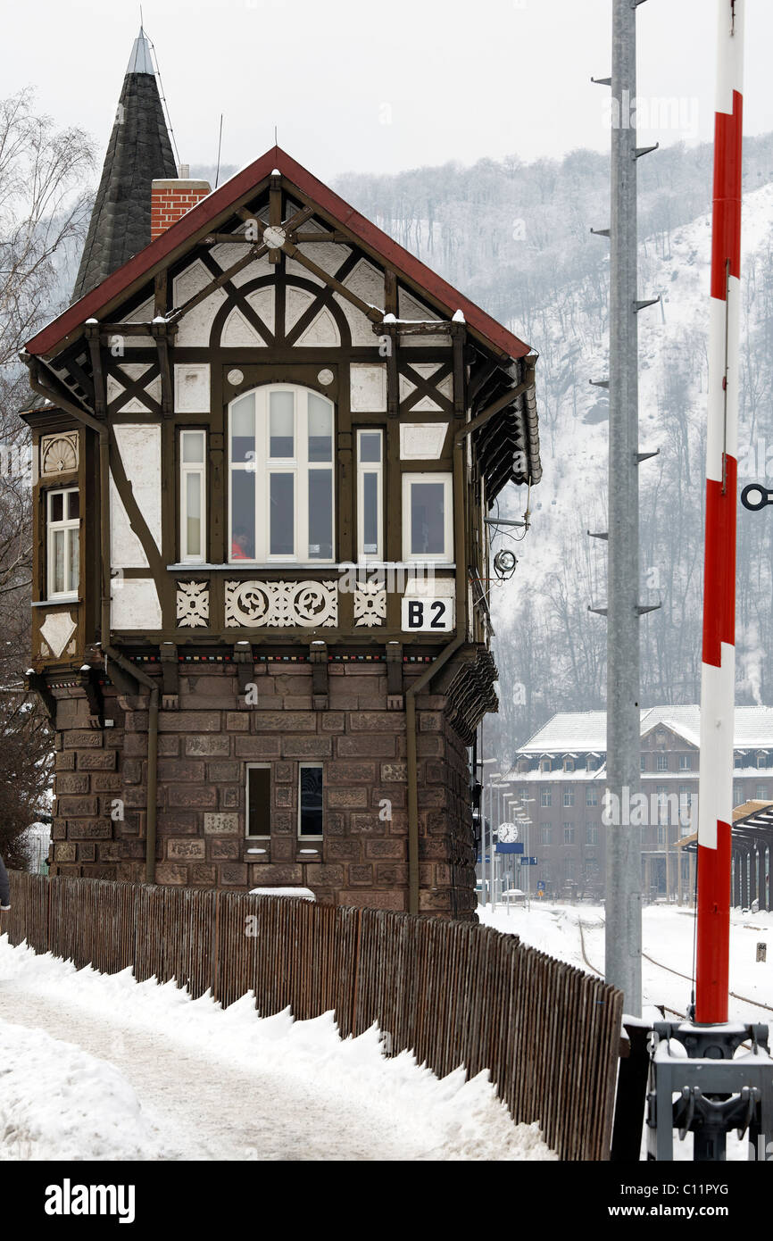 Historic half-timbered signalman's cottage in winter, station Thale, Harz, Saxony-Anhalt, Germany, Europe Stock Photo
