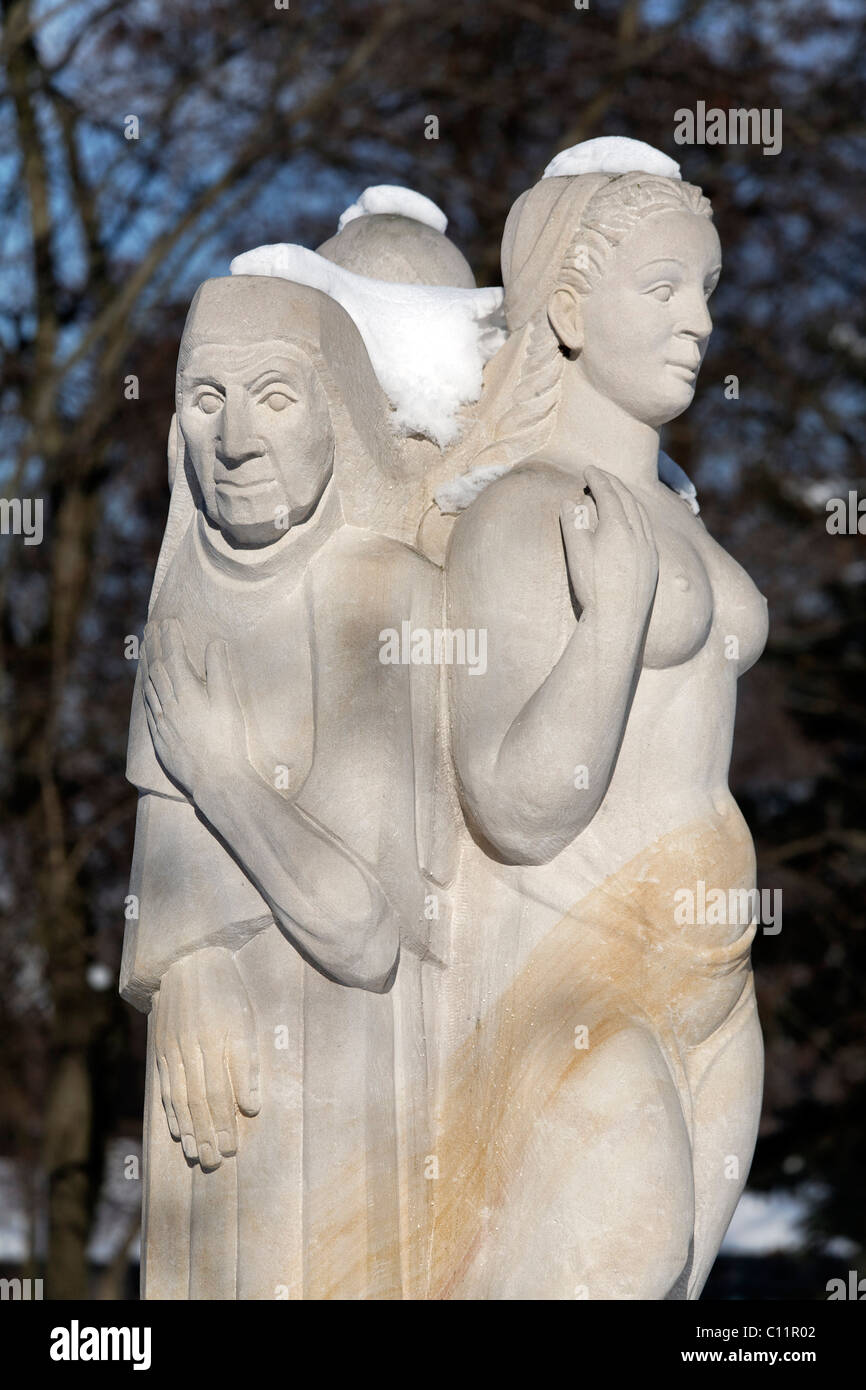 Sculpture "Die Nornen", "The Norns", figures on the Mythenweg Germanic myth road, Thale spa gardens, Harz, Saxony-Anhalt Stock Photo