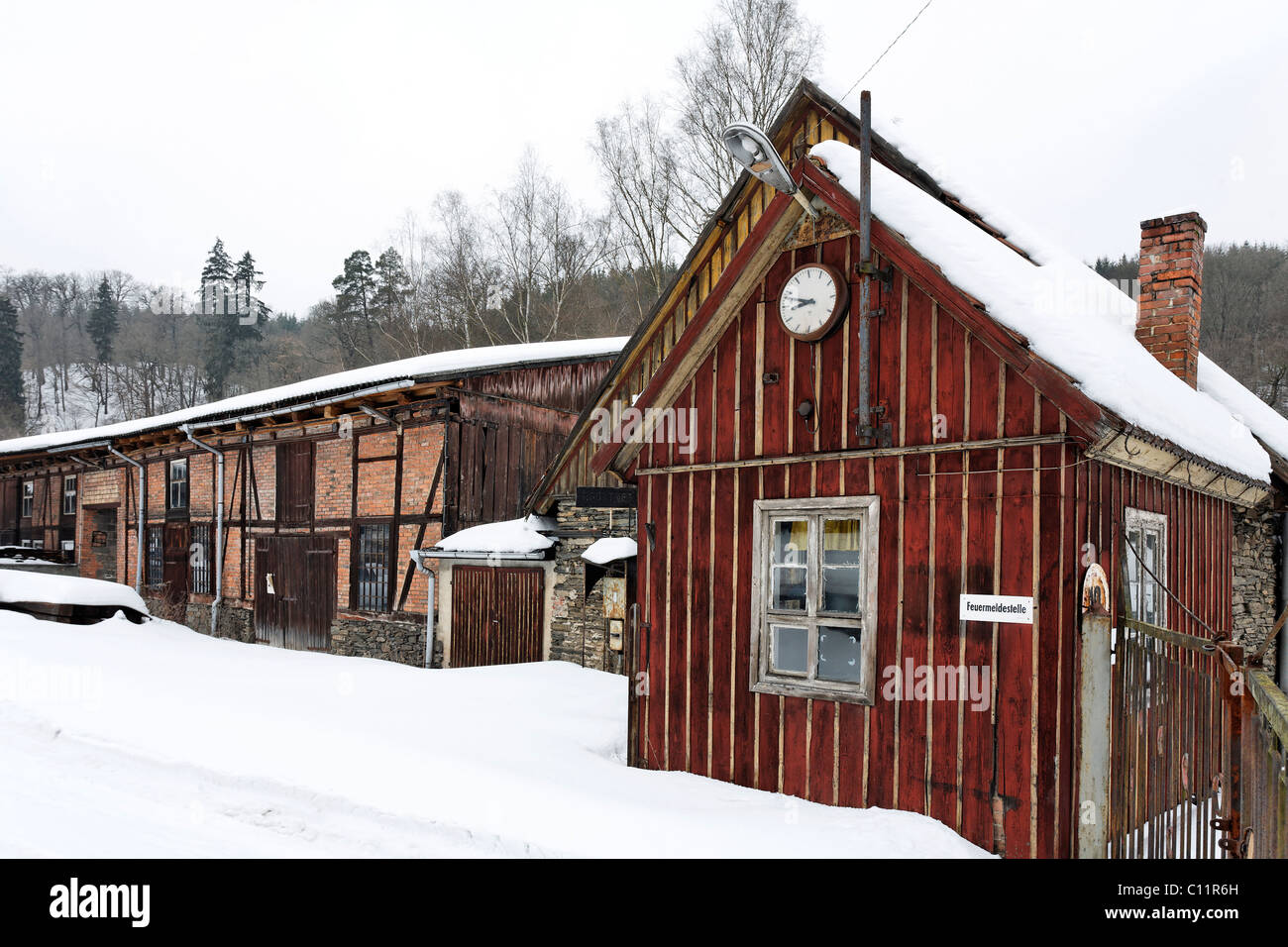 Building of the former Maegdesprung ironworks, snow, Harzgerode, Harz, Saxony-Anhalt, Germany, Europe Stock Photo