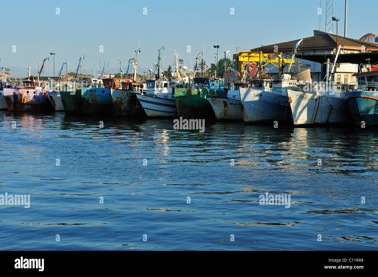 Fishing boats in the harbour of Bandar-e Anzali, Caspian Sea, Gilan, Iran, Asia Stock Photo