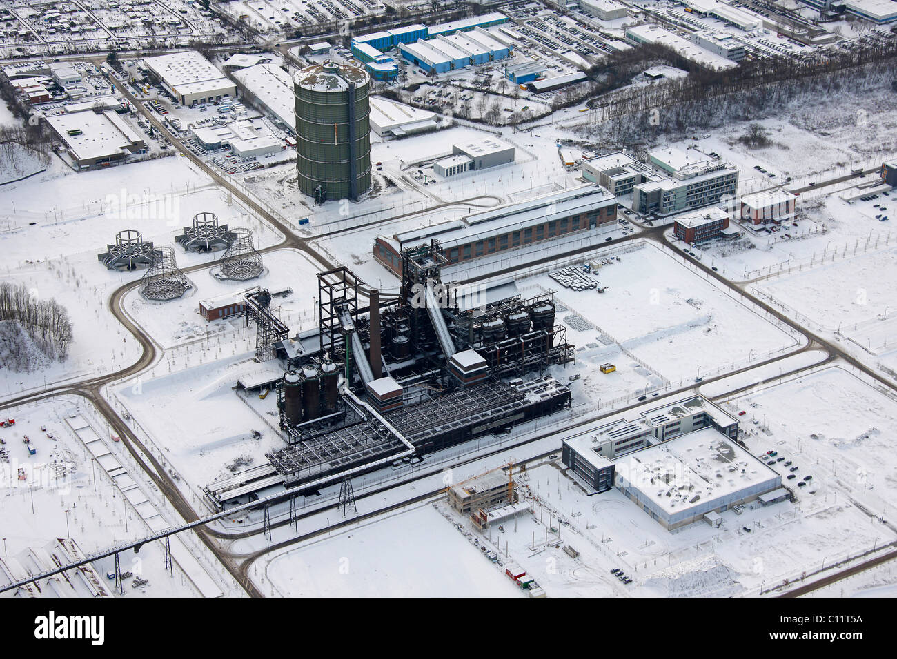 Aerial, former steel work, blast furnace, industrial wasteland, Phoenix West industrial area, Dortmund, Ruhr area Stock Photo