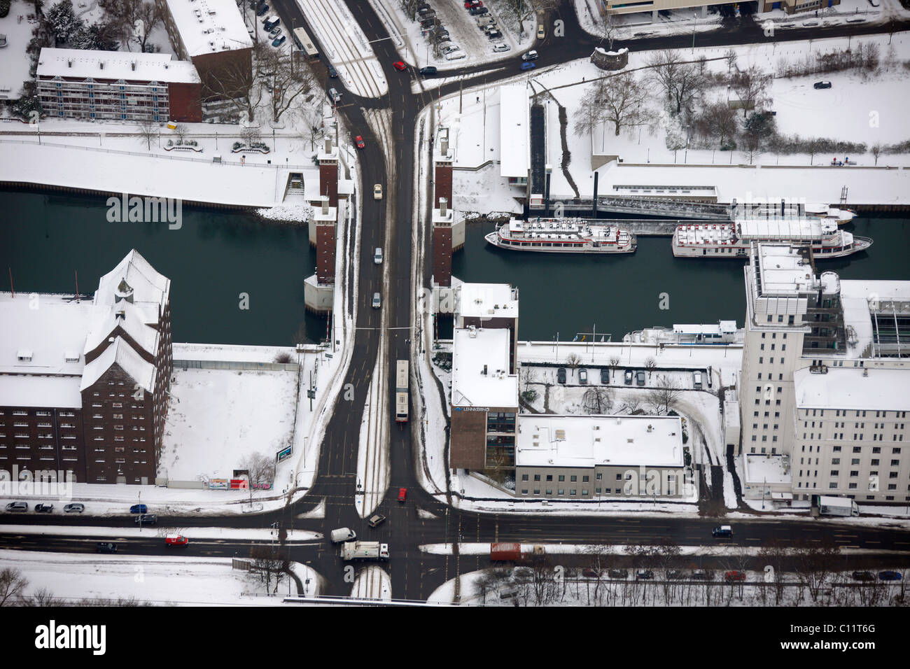 Aerial view, Innenhafen harbor, Schwanentor city gate, Duisburg, Ruhrgebiet region, North Rhine-Westphalia, Germany, Europe Stock Photo