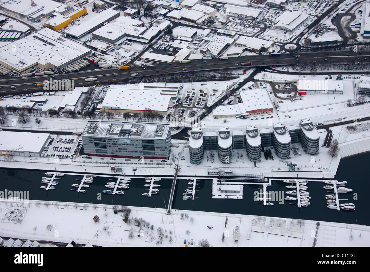 Aerial view, Alltours headquarters, Fiveboats buildings, Hitachi, Innenhafen harbor, Duisburg, Ruhrgebiet region Stock Photo