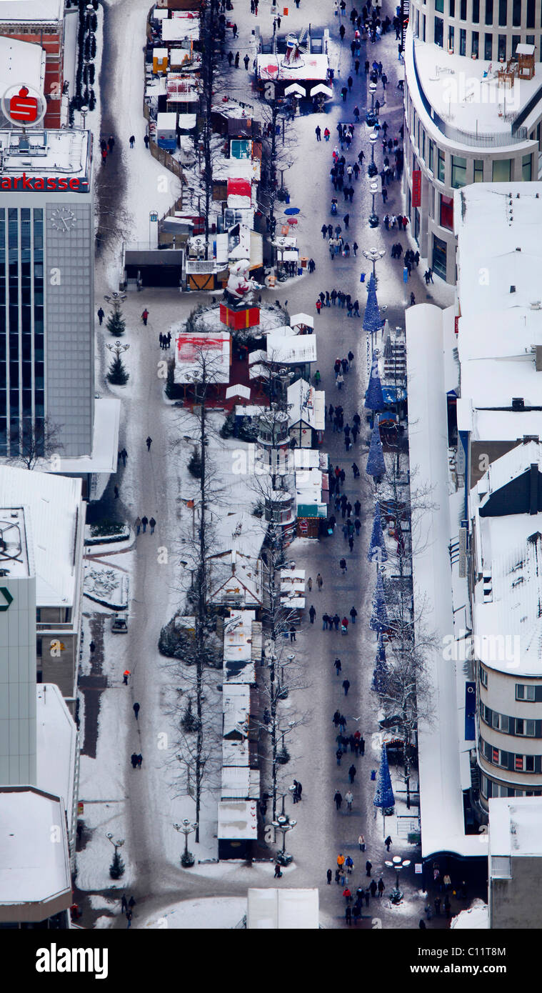 Aerial view, Koe, Koenigsallee avenue, pedestrian zone, Christmas market, Duisburg, Ruhrgebiet region, North Rhine-Westphalia Stock Photo