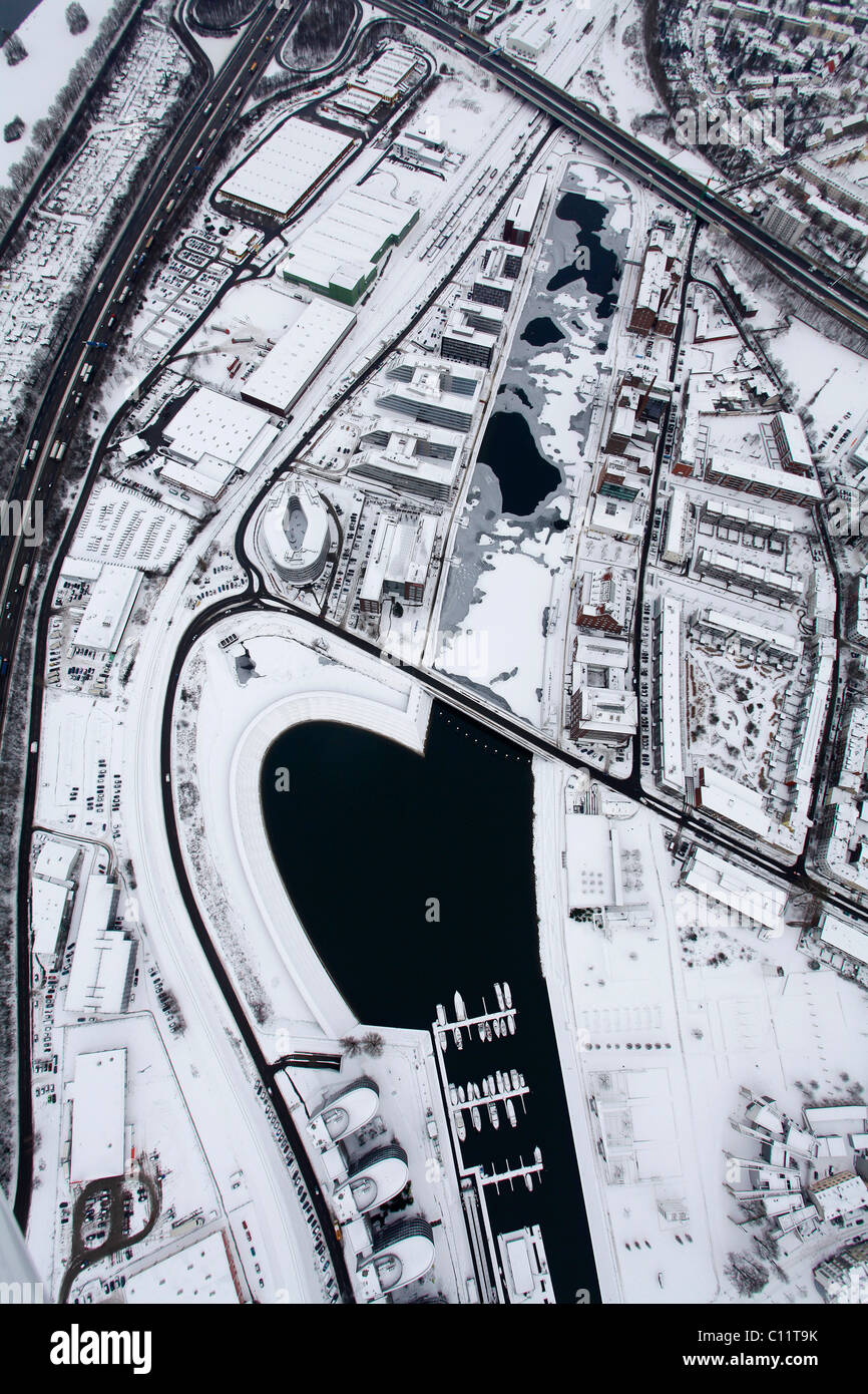 Aerial view, Alltours headquarters, Fiveboats buildings, marina, Hitachi, Innenhafen harbor, Duisburg, Ruhrgebiet region Stock Photo