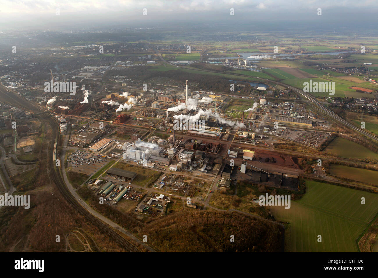 Aerial view, chemical park Co-pipeline, Chempark Krefeld Uerdingen Rheinhausen, Duisburg, Ruhrgebiet region Stock Photo