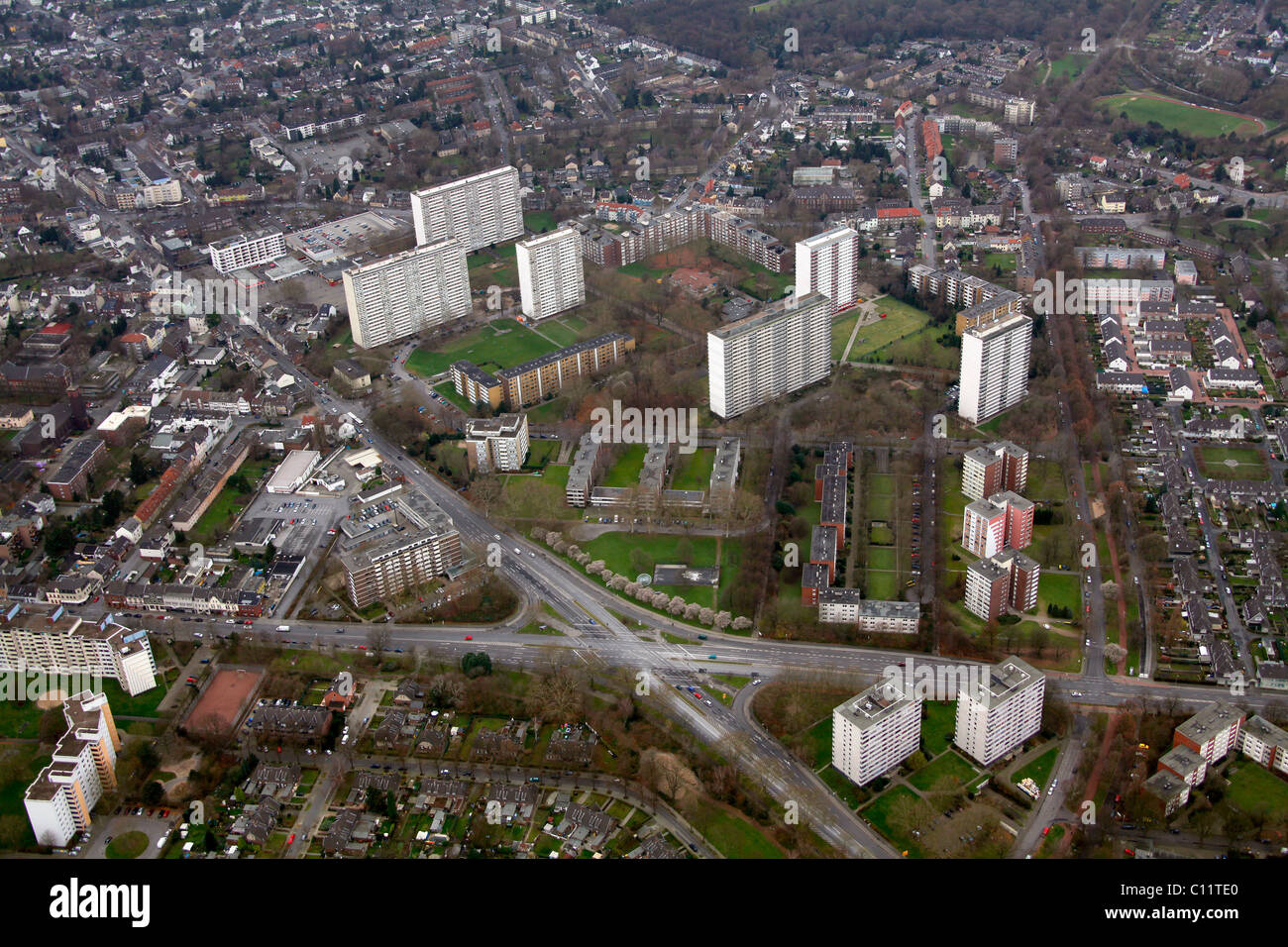 Aerial view, high-rise buildings, shop town, Glueckaufstrasse, Duisburg-West, Hochheide, Homberg, Alt-Homberg, Duisburg Stock Photo